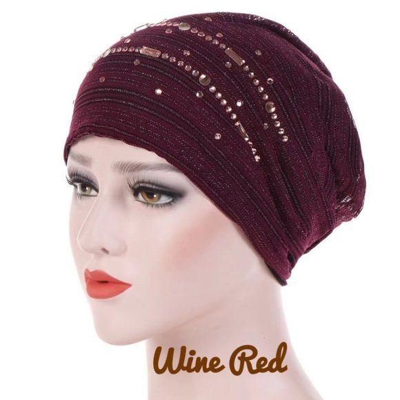Beanie Hat Rhinestone Turban Cap Chemo Hat Wine Red - Picture 1 of 5